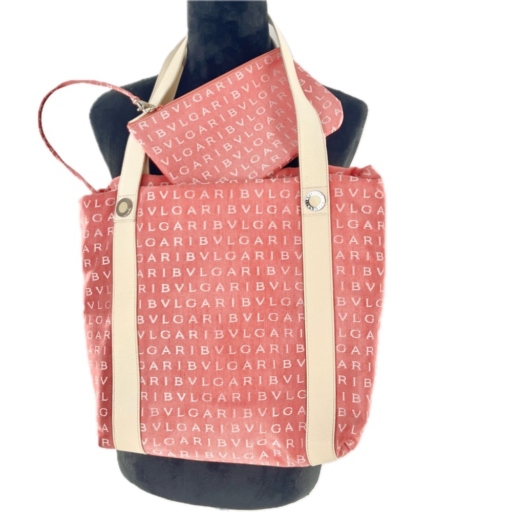 Bvlgari Agatha Jacquard Fabric/Leather Shopping Tote Medium Salmon/Cream w/Pouch